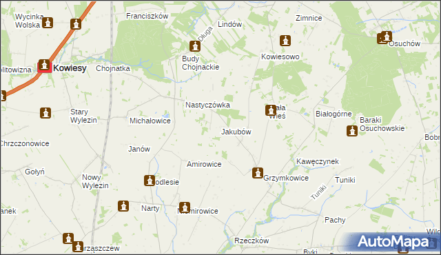 mapa Jakubów gmina Kowiesy, Jakubów gmina Kowiesy na mapie Targeo