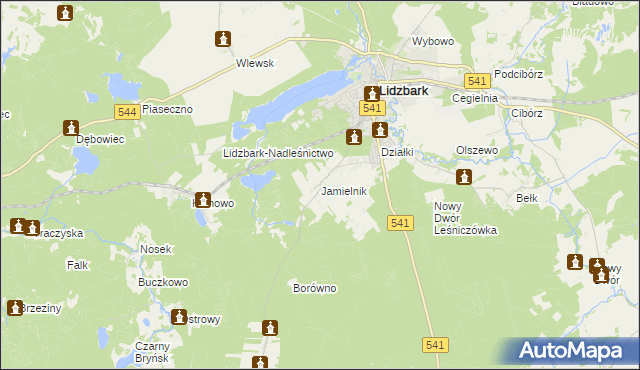 mapa Jamielnik gmina Lidzbark, Jamielnik gmina Lidzbark na mapie Targeo