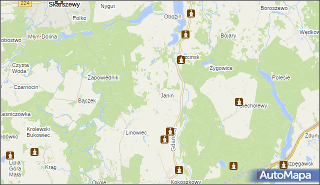 mapa Janin gmina Starogard Gdański, Janin gmina Starogard Gdański na mapie Targeo