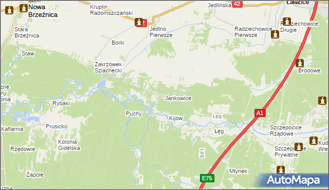 mapa Jankowice gmina Ładzice, Jankowice gmina Ładzice na mapie Targeo