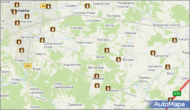 mapa Janów gmina Bełchatów, Janów gmina Bełchatów na mapie Targeo