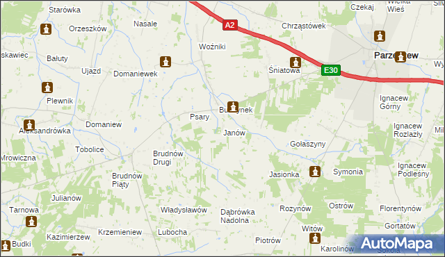 mapa Janów gmina Dalików, Janów gmina Dalików na mapie Targeo