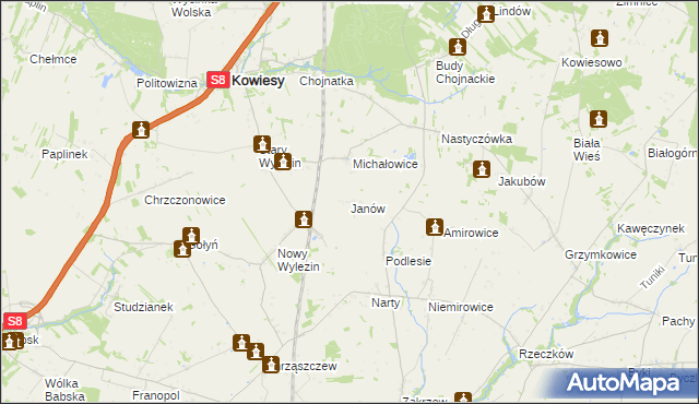 mapa Janów gmina Kowiesy, Janów gmina Kowiesy na mapie Targeo