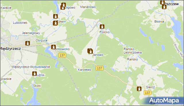 mapa Janowo gmina Pszczew, Janowo gmina Pszczew na mapie Targeo