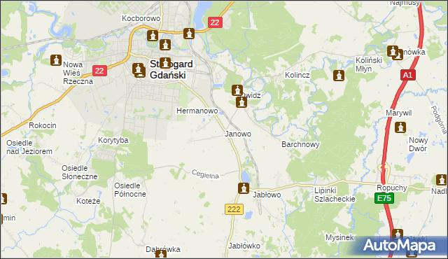 mapa Janowo gmina Starogard Gdański, Janowo gmina Starogard Gdański na mapie Targeo