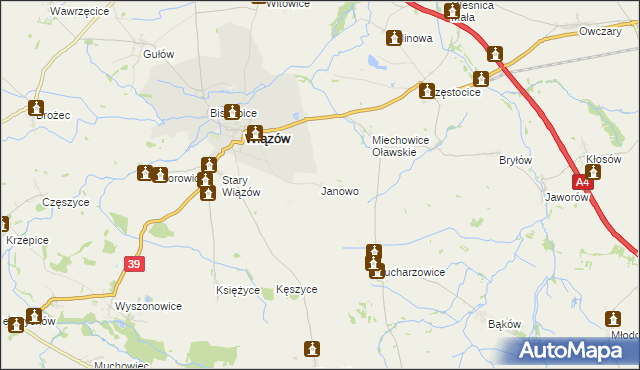 mapa Janowo gmina Wiązów, Janowo gmina Wiązów na mapie Targeo