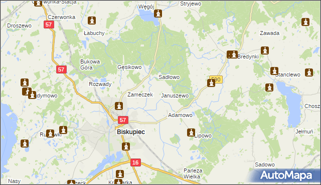 mapa Januszewo gmina Biskupiec, Januszewo gmina Biskupiec na mapie Targeo