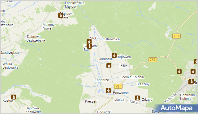 mapa Jaroszki gmina Pionki, Jaroszki gmina Pionki na mapie Targeo