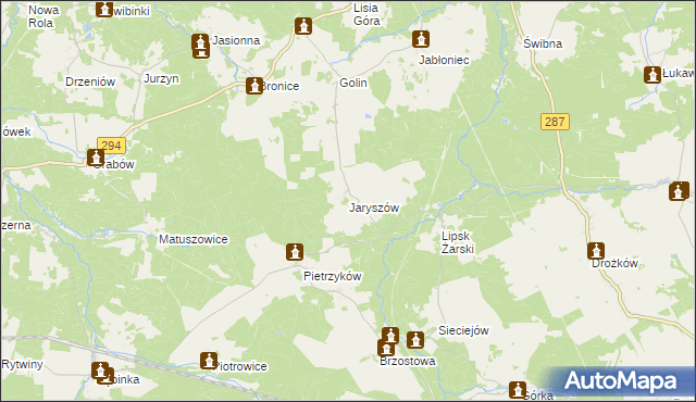 mapa Jaryszów gmina Jasień, Jaryszów gmina Jasień na mapie Targeo