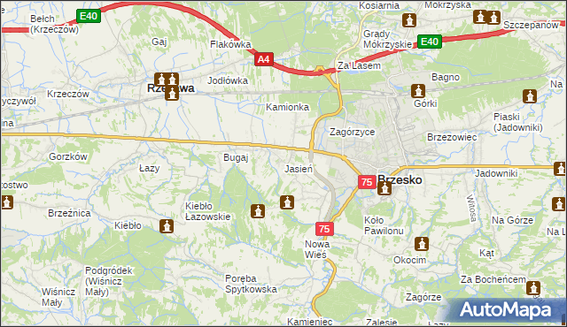 mapa Jasień gmina Brzesko, Jasień gmina Brzesko na mapie Targeo