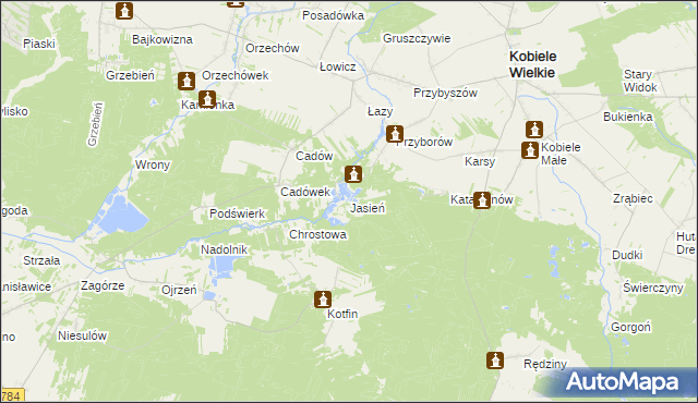 mapa Jasień gmina Kobiele Wielkie, Jasień gmina Kobiele Wielkie na mapie Targeo