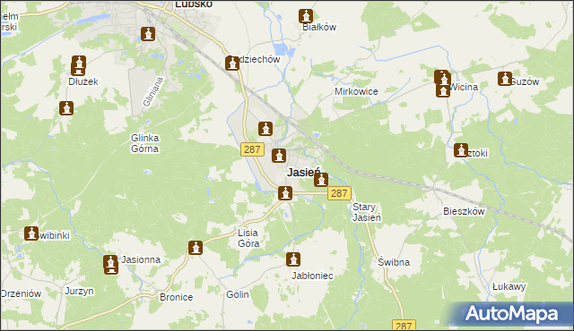 mapa Jasień powiat żarski, Jasień powiat żarski na mapie Targeo