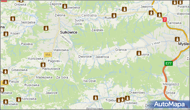 mapa Jasienica gmina Myślenice, Jasienica gmina Myślenice na mapie Targeo