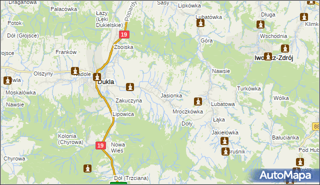 mapa Jasionka gmina Dukla, Jasionka gmina Dukla na mapie Targeo