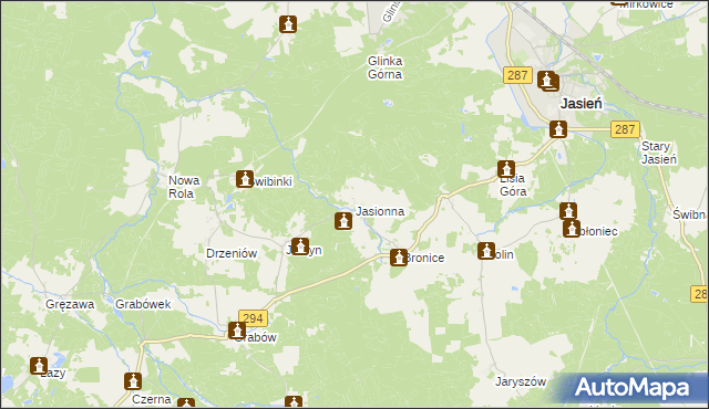 mapa Jasionna gmina Jasień, Jasionna gmina Jasień na mapie Targeo