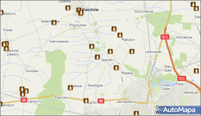 mapa Jaskółki gmina Raszków, Jaskółki gmina Raszków na mapie Targeo