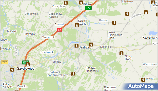 mapa Jastrząb powiat szydłowiecki, Jastrząb powiat szydłowiecki na mapie Targeo