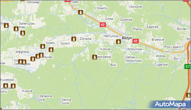 mapa Jastrzębia gmina Bliżyn, Jastrzębia gmina Bliżyn na mapie Targeo