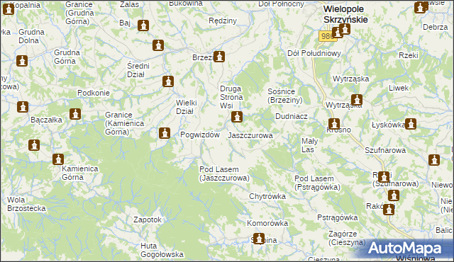 mapa Jaszczurowa gmina Wiśniowa, Jaszczurowa gmina Wiśniowa na mapie Targeo