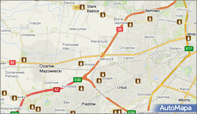 mapa Jawczyce gmina Ożarów Mazowiecki, Jawczyce gmina Ożarów Mazowiecki na mapie Targeo