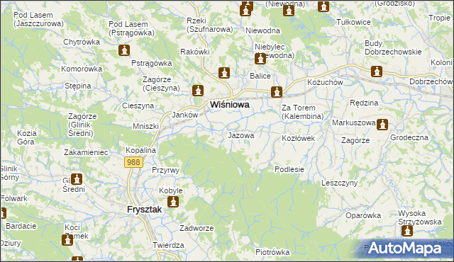 mapa Jazowa gmina Wiśniowa, Jazowa gmina Wiśniowa na mapie Targeo