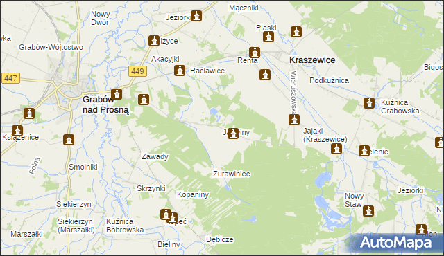 mapa Jaźwiny gmina Kraszewice, Jaźwiny gmina Kraszewice na mapie Targeo