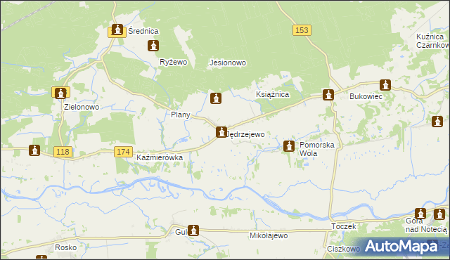 mapa Jędrzejewo gmina Czarnków, Jędrzejewo gmina Czarnków na mapie Targeo