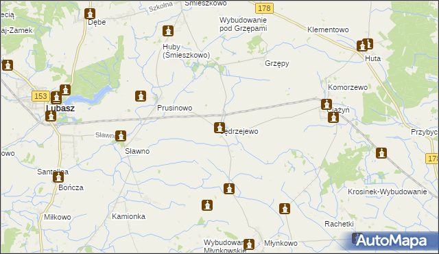 mapa Jędrzejewo gmina Lubasz, Jędrzejewo gmina Lubasz na mapie Targeo