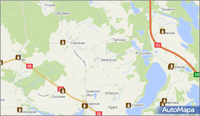 mapa Jezierzyce gmina Myślibórz, Jezierzyce gmina Myślibórz na mapie Targeo