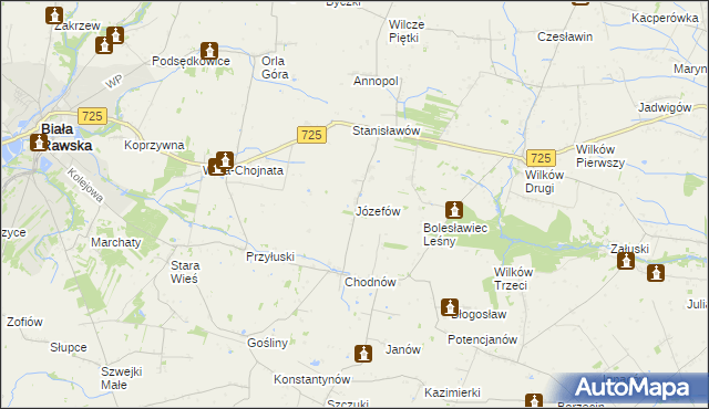 mapa Józefów gmina Biała Rawska, Józefów gmina Biała Rawska na mapie Targeo