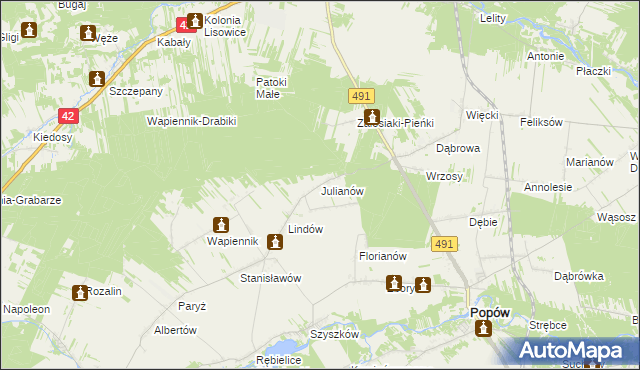 mapa Julianów gmina Lipie, Julianów gmina Lipie na mapie Targeo