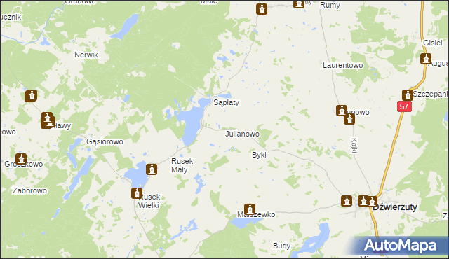 mapa Julianowo gmina Dźwierzuty, Julianowo gmina Dźwierzuty na mapie Targeo