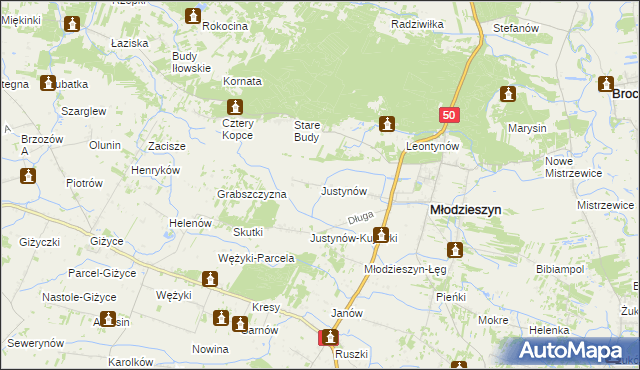 mapa Justynów gmina Młodzieszyn, Justynów gmina Młodzieszyn na mapie Targeo