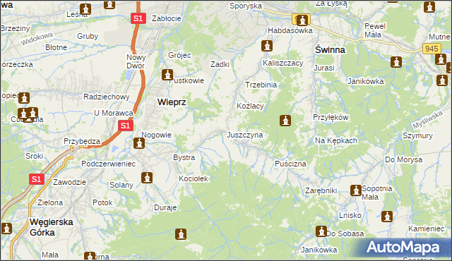 mapa Juszczyna, Juszczyna na mapie Targeo