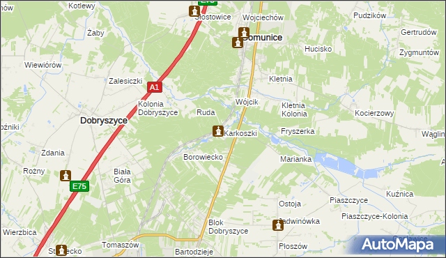 mapa Karkoszki gmina Gomunice, Karkoszki gmina Gomunice na mapie Targeo