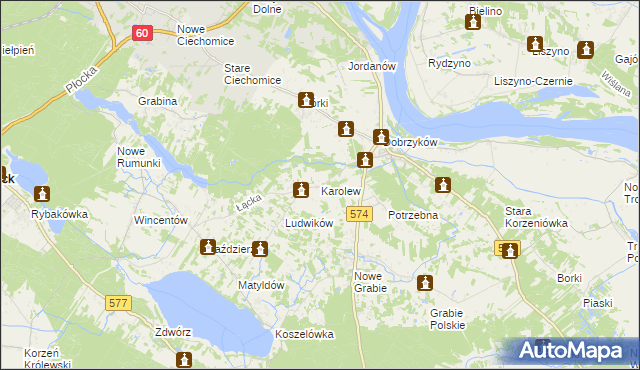 mapa Karolew gmina Gąbin, Karolew gmina Gąbin na mapie Targeo