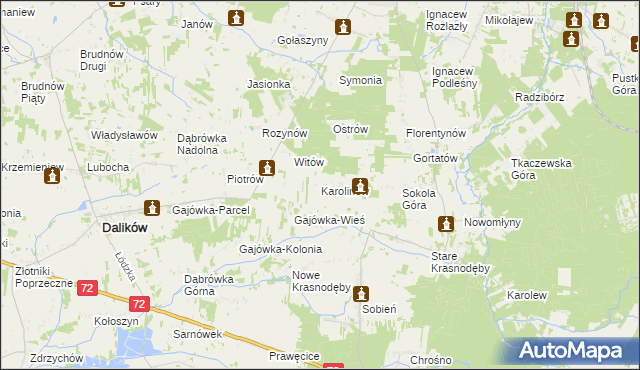 mapa Karolinów gmina Dalików, Karolinów gmina Dalików na mapie Targeo