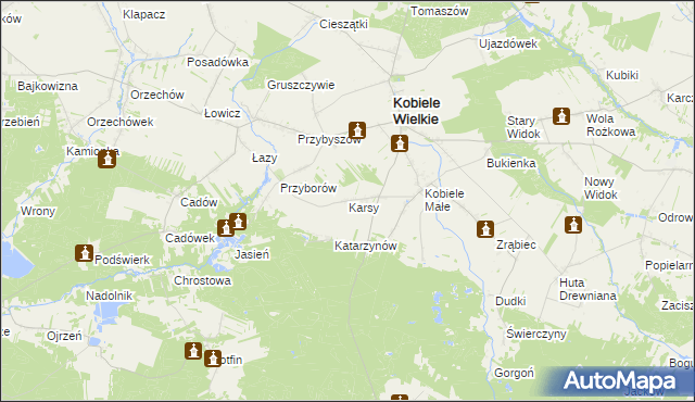 mapa Karsy gmina Kobiele Wielkie, Karsy gmina Kobiele Wielkie na mapie Targeo