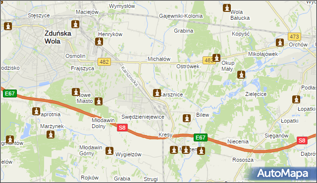 mapa Karsznice gmina Zduńska Wola, Karsznice gmina Zduńska Wola na mapie Targeo