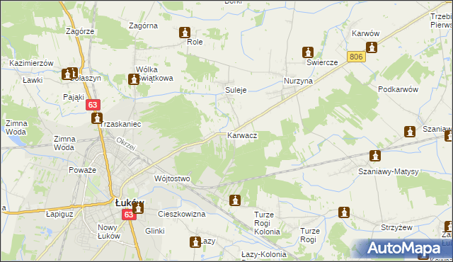 mapa Karwacz gmina Łuków, Karwacz gmina Łuków na mapie Targeo