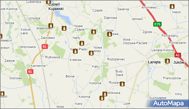 mapa Kąty gmina Lubień Kujawski, Kąty gmina Lubień Kujawski na mapie Targeo