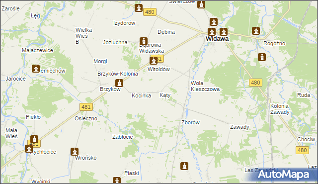 mapa Kąty gmina Widawa, Kąty gmina Widawa na mapie Targeo