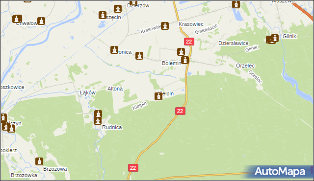 mapa Kiełpin gmina Deszczno, Kiełpin gmina Deszczno na mapie Targeo