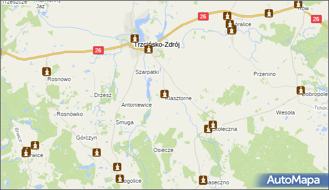 mapa Klasztorne gmina Trzcińsko-Zdrój, Klasztorne gmina Trzcińsko-Zdrój na mapie Targeo