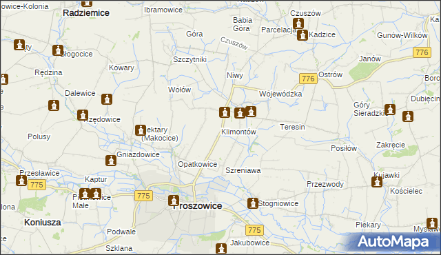 mapa Klimontów gmina Proszowice, Klimontów gmina Proszowice na mapie Targeo