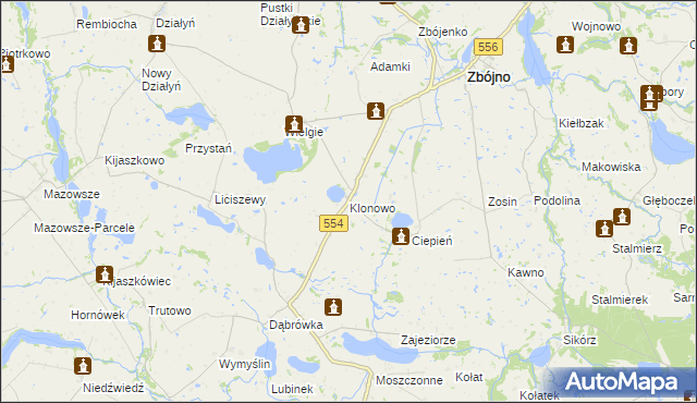 mapa Klonowo gmina Zbójno, Klonowo gmina Zbójno na mapie Targeo