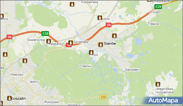 mapa Kłos gmina Sianów, Kłos gmina Sianów na mapie Targeo