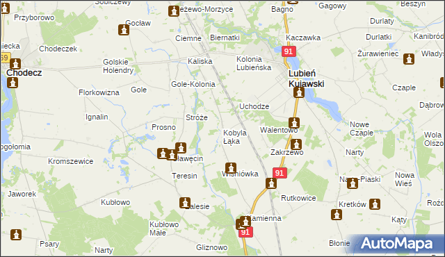 mapa Kobyla Łąka gmina Lubień Kujawski, Kobyla Łąka gmina Lubień Kujawski na mapie Targeo