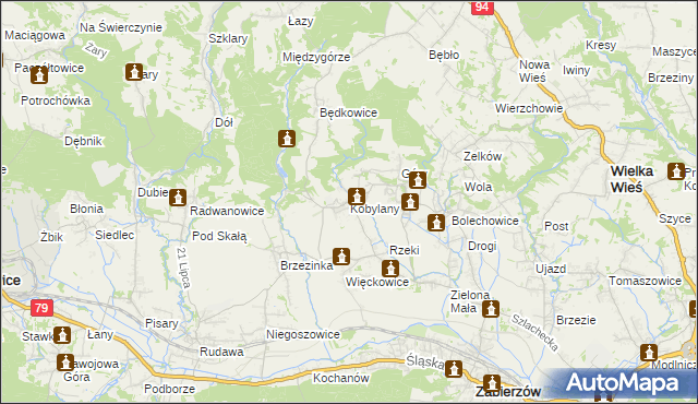 mapa Kobylany gmina Zabierzów, Kobylany gmina Zabierzów na mapie Targeo