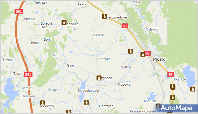 mapa Kobylin gmina Prostki, Kobylin gmina Prostki na mapie Targeo